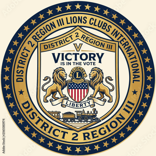 Valokuva A vector illustration recreate image of lions, train, liberty, victory, and lion sculpture in a circular emblem
