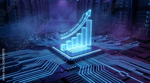 Futuristic cloud computing growth chart glowing on a microchip inside a dark server room data center background