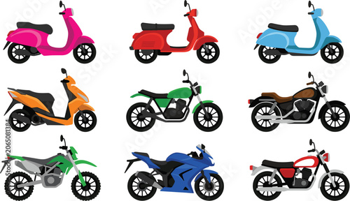 Schilderij op canvas Motorcycle and modern moped scooter flat vector illustration collection with sports bikes dirt bikes cruiser motorcycles and retro scooters isolated on white background