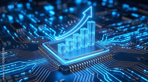 Exponential Growth of Artificial Intelligence and Computing Power on a Futuristic Microchip Circuit Board
