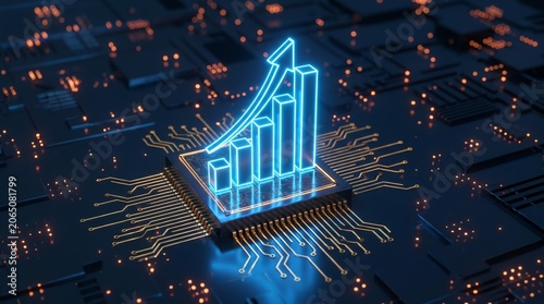 Illuminated bar chart rising from a central processing unit on a circuit board, symbolizing data growth, technological advancement, and digital business success in the modern era