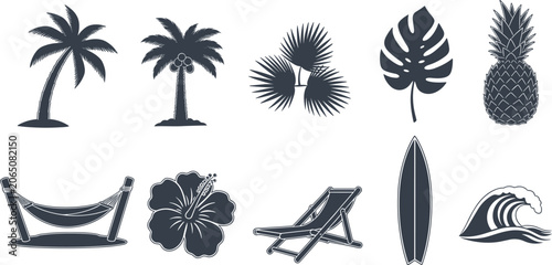 Vászonkép Tropical beach and summer vacation silhouette vector set with black shapes of pa