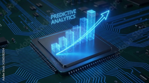 Predictive Analytics Concept featuring a Rising 3D Data Growth Graph and Upward Arrow on a High Tech Computer Processor CPU Chip