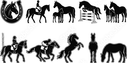 Foto Equestrian and horse racing silhouette vector set with black shapes of jumping,