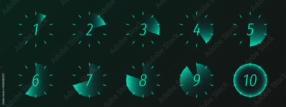 Naklejka premium Modern stopwatch and timer graphic design for tracking minutes and seconds, realistic vector digital clock display isolated on transparent background. Neon green countdown icons for digital interfaces