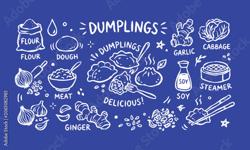 Quadro su tela Traditional Chinese Dumplings and Dim Sum Hand-Drawn White Line Art Doodle Set