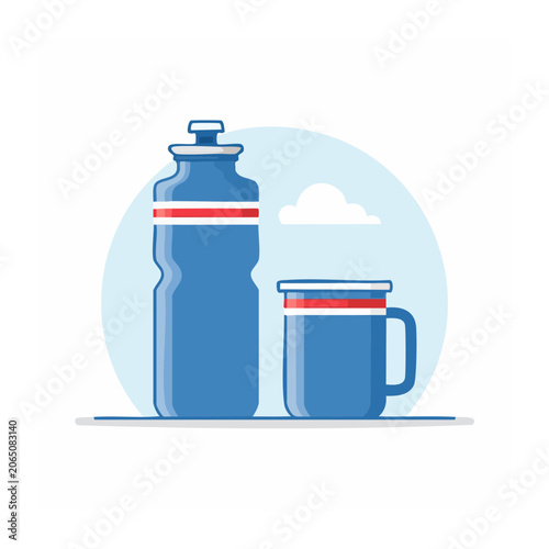 Blue water bottle and mug flat illustration