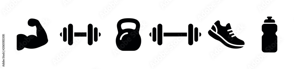 Fototapeta premium Various black silhouette fitness icons including a bicep, dumbbells, a kettlebell, a running shoe, and a water bottle on a white background