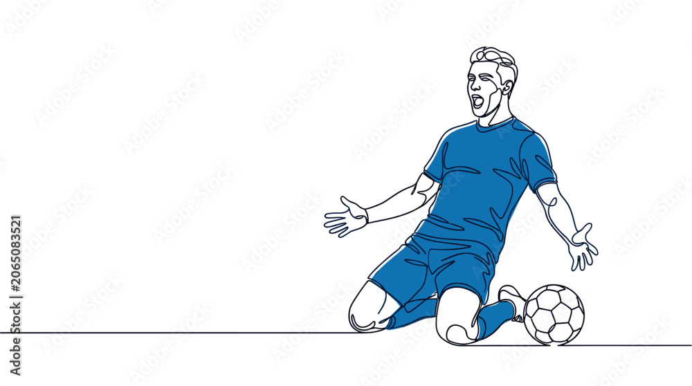 Fototapeta premium Continuous line art drawing of a male soccer player in blue uniform celebrating a goal on a clean white background