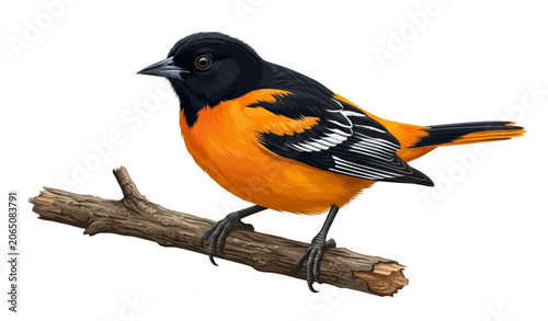 Fotografie Baltimore oriole bird perched on branch vector illustration isolated on white ba