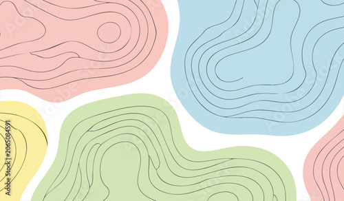 Abstract topographic background with colorful organic shapes and curvy contour lines for backdrop.