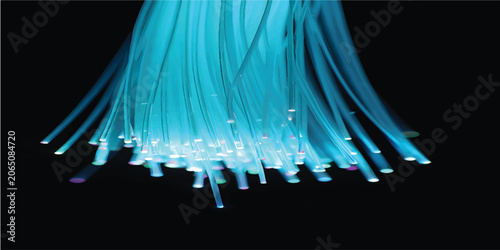 Tableau sur toile Abstract blue glowing ribbons intertwining with light trails on dark background
