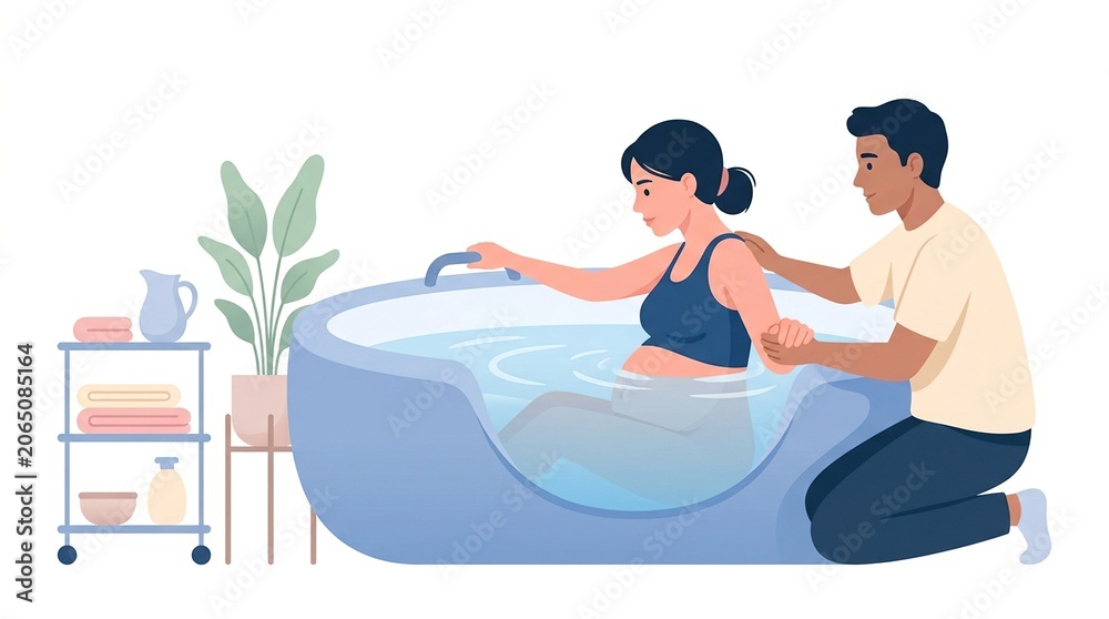 Obraz premium A woman prepares for water birth in a tub while a partner offers support in a caring environment with plants and supplies nearby.