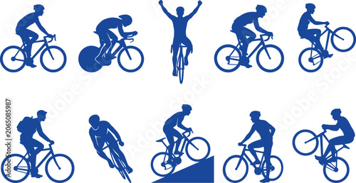 Canvastavla Bicycle rider silhouette vector set with blue shapes of cyclists racing, mountai