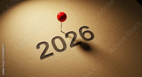 A red thumbtack pinning 2026 on aged paper, spotlighted