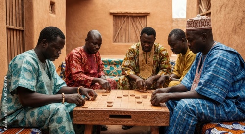 Five men seated around a board game on a patio, playing