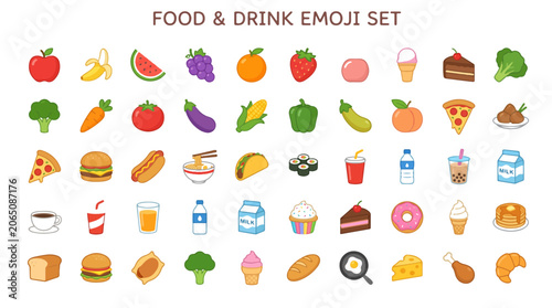 Colorful food and drink emoji set with various icons