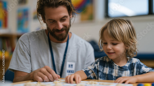Pediatric occupational therapist observing as a father attempts a feeding exercise with his rigidly picky four-year-old at a clinical table covered in tactile food exploration