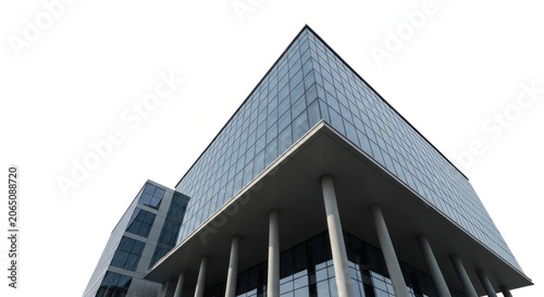 Modern, geometric glass building with support columns, against a white sky