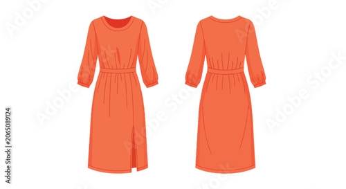 Elegant Women Orange Midi Dress with Long Sleeves Front and Back View Fashion Technical Sketch Flat Template Design
