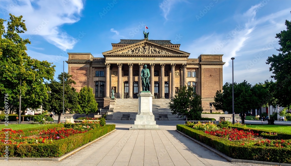 Fototapeta premium A large, ornate building with columns and a statue in front