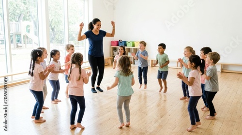 Children Dancing in Circle During Kindergarten Class with Teacher