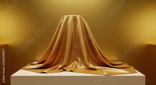 Golden fabric draped over a pedestal against a glowing gold backdrop