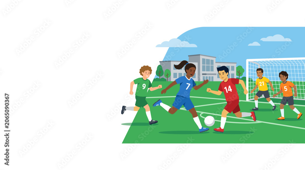 Obraz premium Diverse Students Playing Soccer School Sports Vector