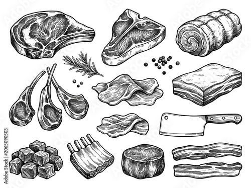 Hand drawn vintage ink sketch of raw meat cuts, beef steak, pork and lamb chop on white background