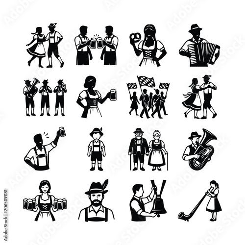 Obraz na płótnie Set of black icons featuring traditional bavarian people and festival activity