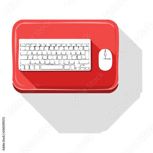 Red laptop with keyboard and mouse flat illustration
