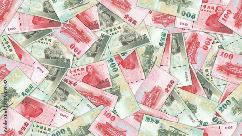 Finance illustration. Seamless pattern. Disorganized scattered banknotes of 100 and 200 dollars, republic of Taiwan. Taiwanese money. Textured background or wallpaper. Obverse and reverse. Bills