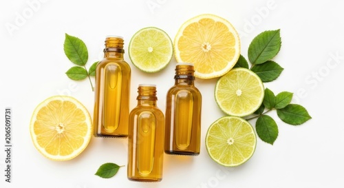 Amber bottles with citrus fruit slices and leaves