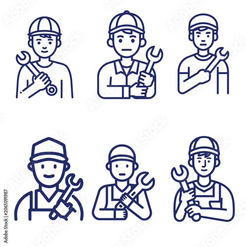Mechanic Repairman Plumber with Wrench Line Art Avatar Icon Vector