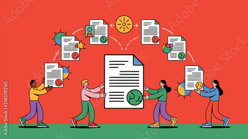 Team members organize digital documents and files to streamline a collaborative business workflow.