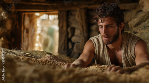 Gideon secretly threshing wheat inside winepress, anxious expression as soft divine light enters dusty interior doorway