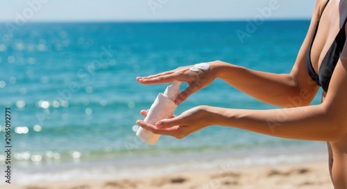 Woman on beach applies lotion to hand; ocean waves in background