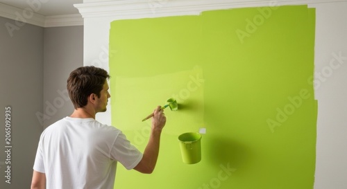 A person paints a wall vibrant green
