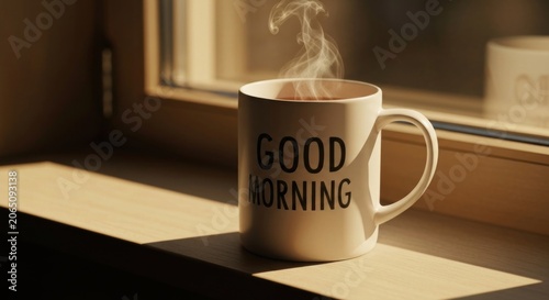 Steaming mug on a windowsill with 