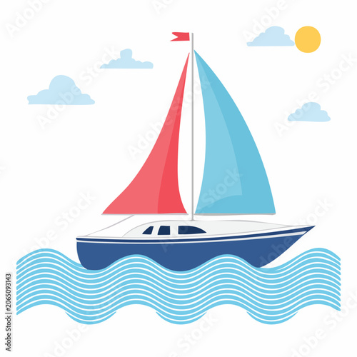 Sailboat sailing on blue wavy water under a sunny sky with clouds