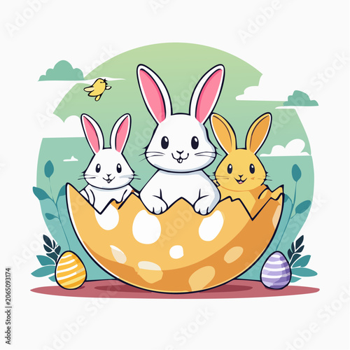 Three Cute Bunnies in a Cracked Easter Egg