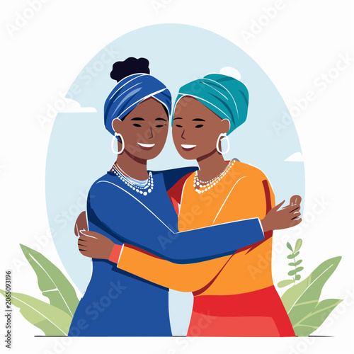 Two women hugging, wearing headscarves and jewelry