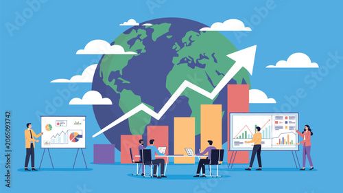 Business team analyzes global market trends and financial growth projections using charts and data presentations.