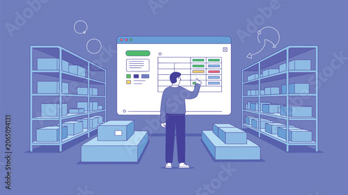 Warehouse manager examines digital inventory logs displayed on a large screen within a storage facility.