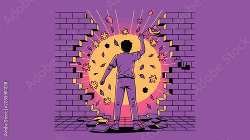 Person stands before a crumbling brick wall while reaching toward a glowing sun filled with floating organic shapes.