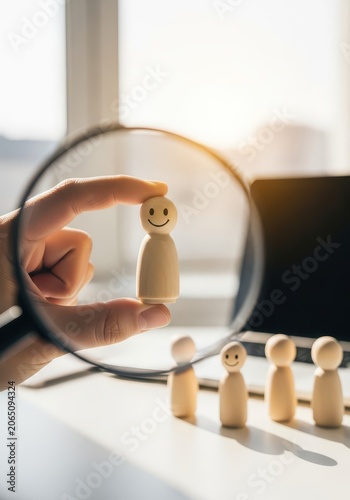 Talent Search and Recruitment Concept with Hand Selecting a Smiling Wooden Figure Through a Magnifying Glass