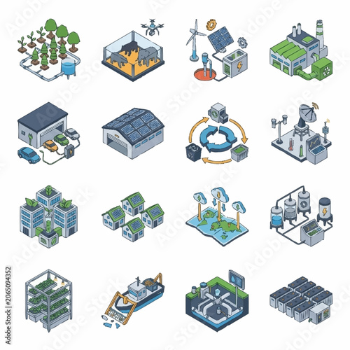 Bild auf Leinwand Isometric icons set showcasing various aspects of sustainable agriculture, smart farming, and renewable energy solutions for a greener future