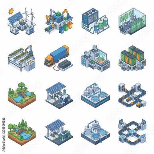 Set of isometric icons representing sustainable development and green technology solutions for environmental conservation.