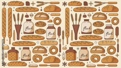 Bread products including baguettes, loaves, and flour jars are arranged in a repeating pattern on a neutral background.