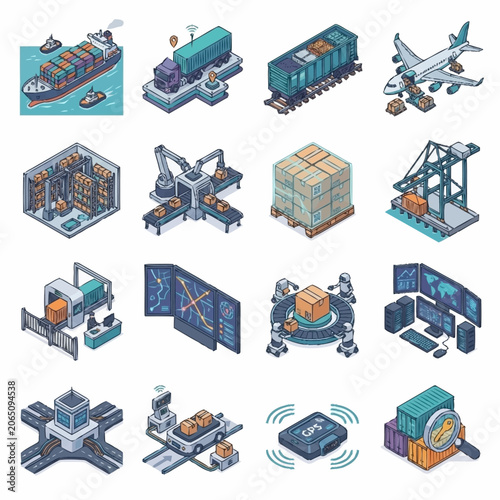 Set of isometric icons representing sustainable development and green technology solutions for environmental conservation.